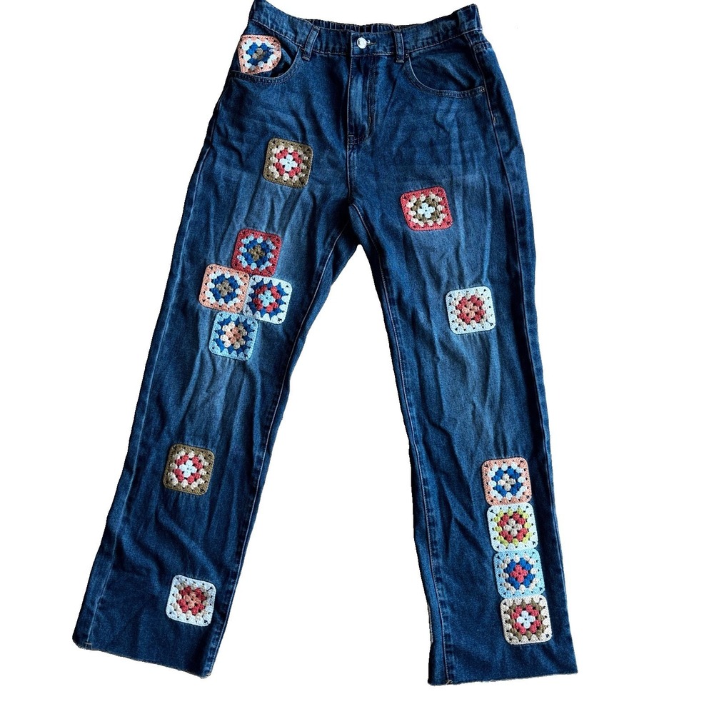Oli & Hali Boho Crochet Multicolor Granny Square Patch Jeans Raw Hem Size Medium - Picture 2 of 11